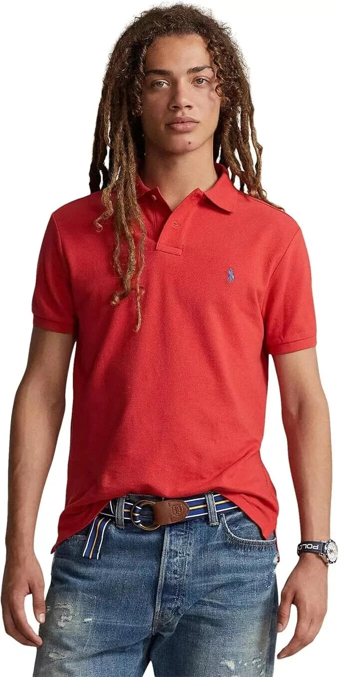 Polo Shirt Men's Red Custom Slim Fit Mesh Cotton
