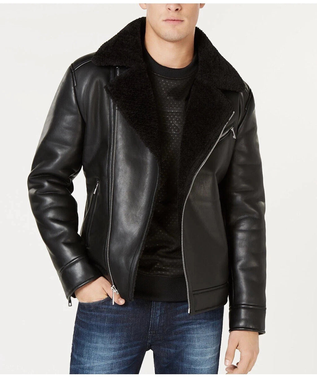 Asymmetrical Black Faux Leather Fur Motorcycle Jacket