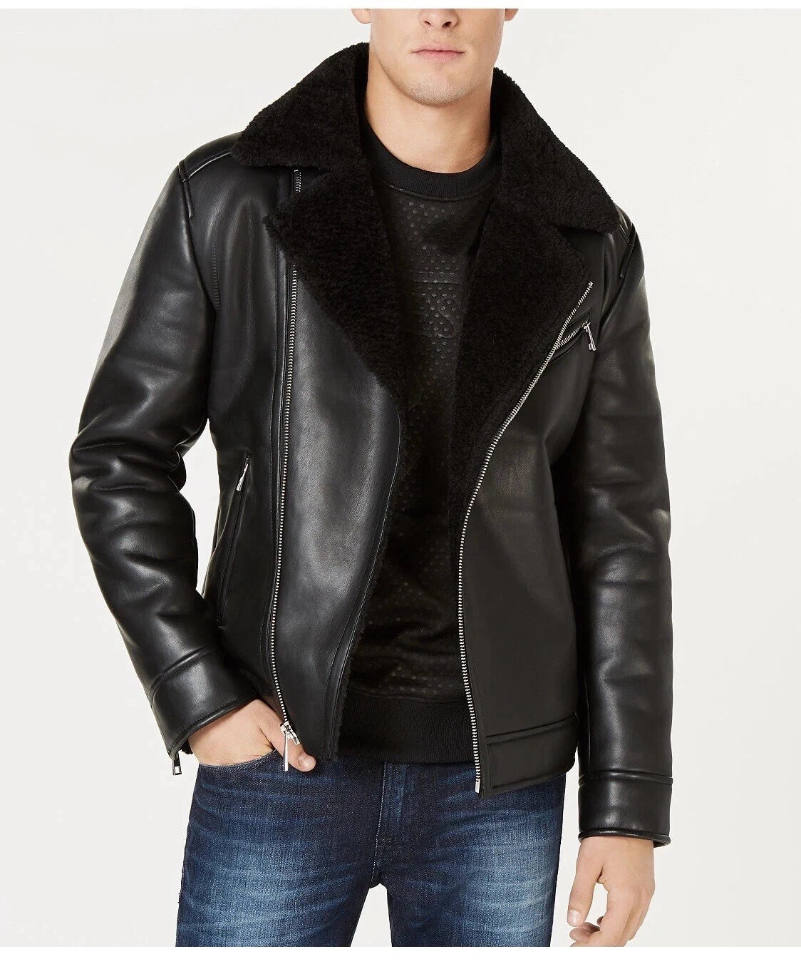Asymmetrical Black Faux Leather Fur Motorcycle Jacket