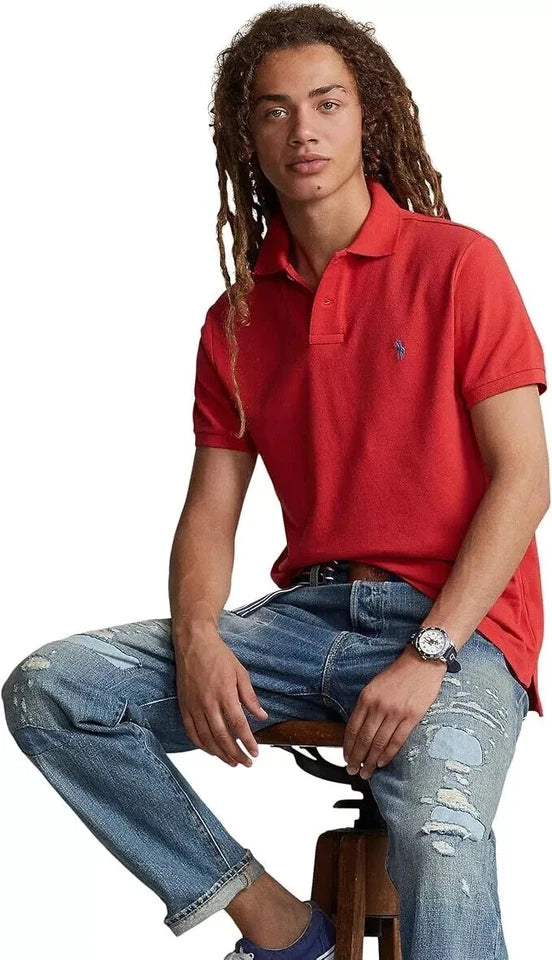 Polo Shirt Men's Red Custom Slim Fit Mesh Cotton