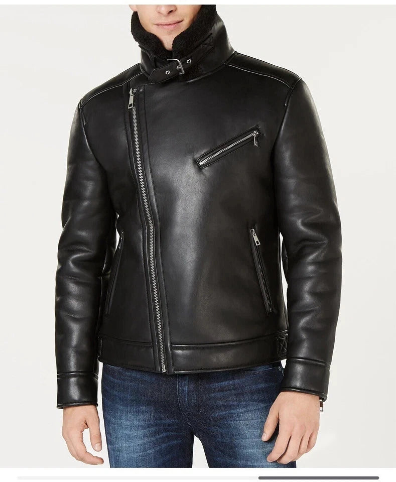 Asymmetrical Black Faux Leather Fur Motorcycle Jacket