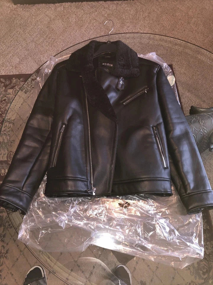 Asymmetrical Black Faux Leather Fur Motorcycle Jacket