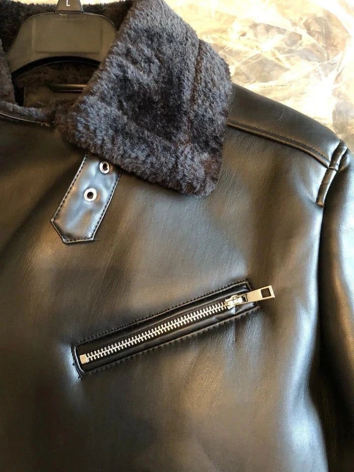 Asymmetrical Black Faux Leather Fur Motorcycle Jacket